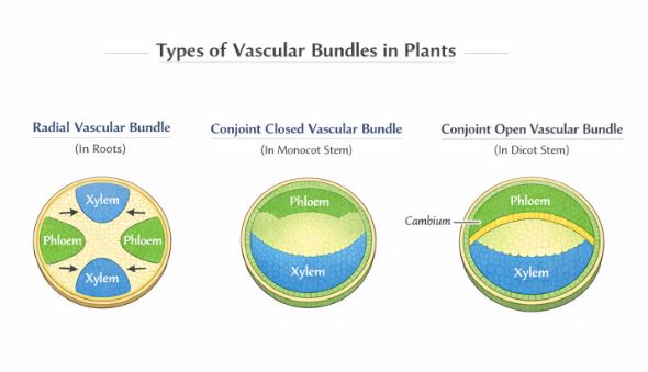 Types of vascular bundles: Radial, Conjoint Closed, and Conjoint Open