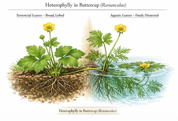 Heterophylly in Buttercup Plant showing terrestrial and aquatic leaves
