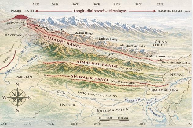 Map showing the extent of the Himalayan Mountains