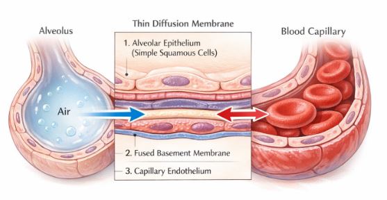 Cross section of an alveolus and blood capillary showing the diffusion membrane layers