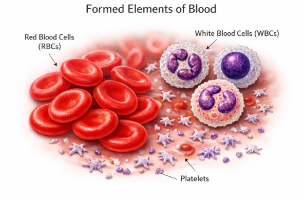 Different types of formed elements in human blood: RBCs, WBCs, and Platelets