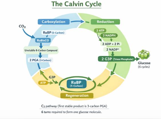 The Calvin Cycle showing Carboxylation, Reduction, and Regeneration