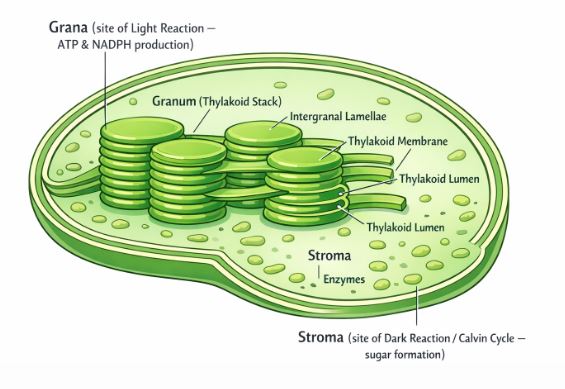Detailed structure of a Chloroplast showing Grana and Stroma