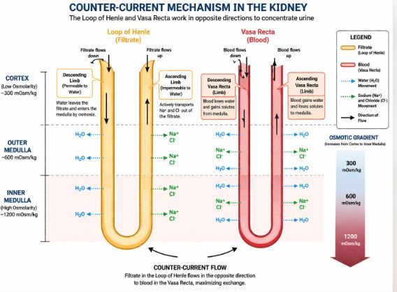 Diagram showing the counter current mechanism in loop of Henle and vasa recta