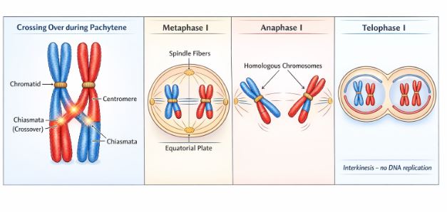 Diagram showing crossing over and recombination between homologous chromosomes