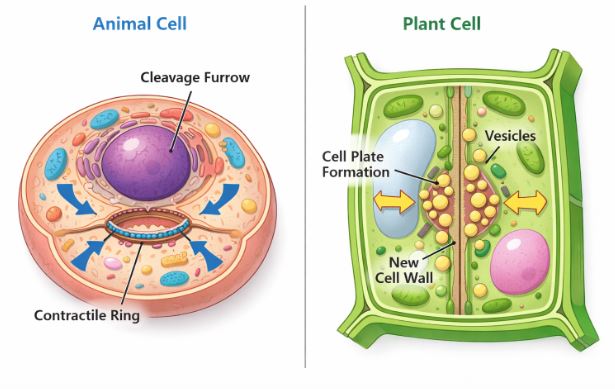 Comparison between animal cell cleavage furrow and plant cell plate formation