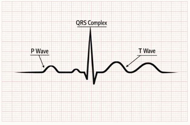 A standard ECG graph showing P wave, QRS complex, and T wave
