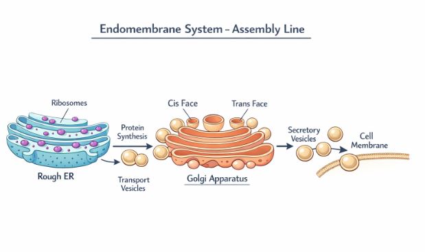 Diagram showing the flow from Rough ER to Golgi apparatus to secretory vesicles