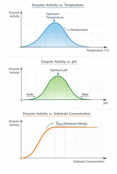 Graphs of enzyme activity vs temperature, pH, and substrate concentration