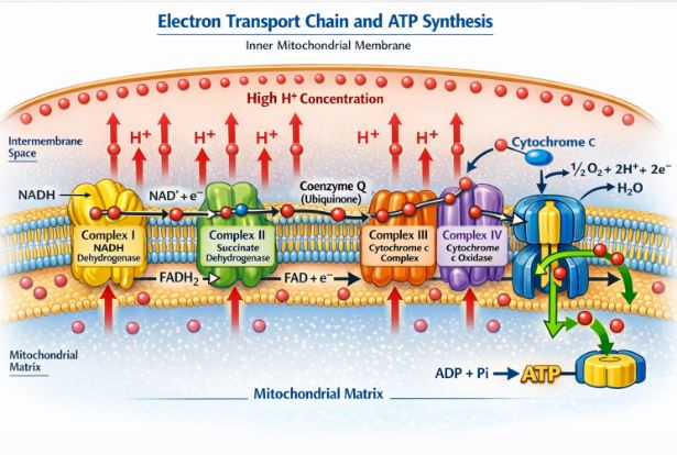 Inner mitochondrial membrane showing ETS complexes pumping protons and ATP synthase creating ATP