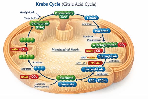 Diagram of the Krebs Cycle showing Acetyl CoA joining OAA to form Citric acid, releasing CO2, NADH, FADH2, and ATP