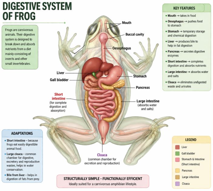 Diagrammatic representation of the digestive system of a frog
