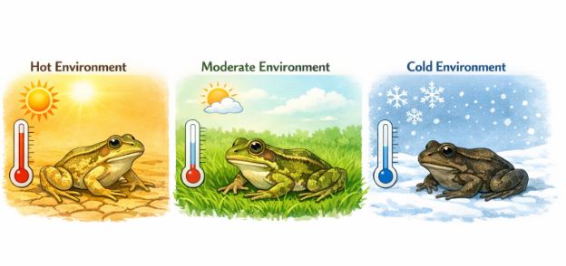 Illustration showing a frog in different environments to explain poikilothermy