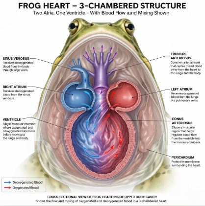 Structure of the 3-chambered heart of a frog