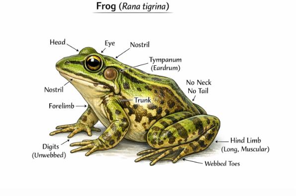 External features of a frog showing head, trunk, limbs, eyes, and tympanum