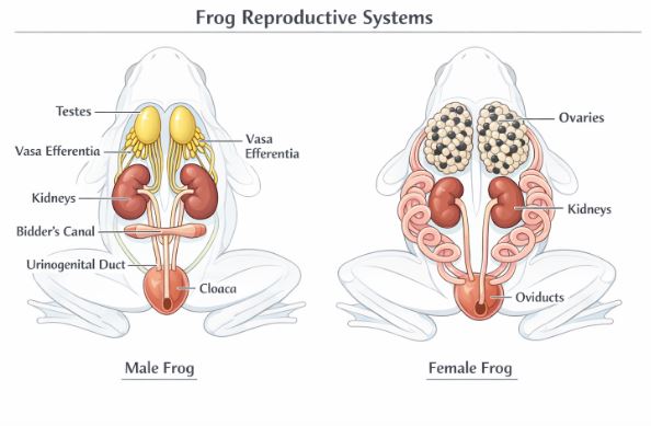 Comparison of male and female reproductive systems in a frog