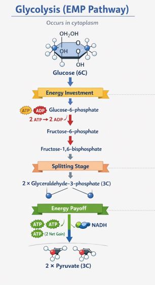 Simplified flowchart of Glycolysis showing 6C glucose splitting into two 3C pyruvic acid molecules