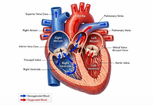 Internal section of human heart showing 4 chambers, valves, and major blood vessels