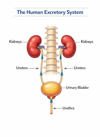 Diagram showing human excretory system with kidneys, ureters, and bladder
