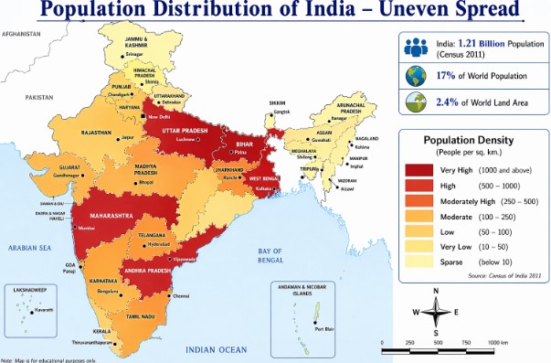 Population distribution map of India showing uneven population spread