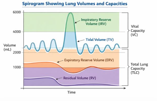 Graph displaying Tidal Volume, IRV, ERV, and Residual Volume