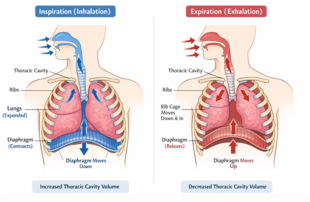 Illustration comparing chest cavity volume during inspiration and expiration