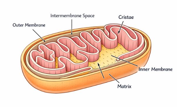 Internal structure of mitochondria showing folded inner cristae and matrix