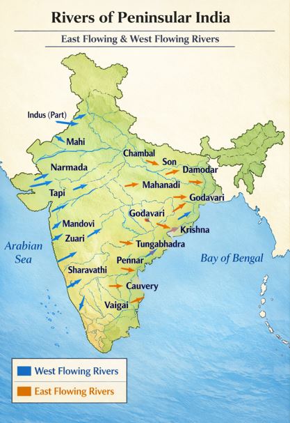 Map indicating major Peninsular rivers like Narmada, Tapi, and Godavari