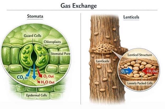 Diagram showing stomata on leaves and lenticels on woody stems for gas exchange