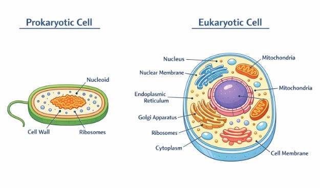 Comparison diagram of Prokaryotic and Eukaryotic Cell showing nucleus and organelles