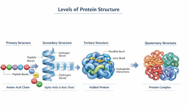 Primary, Secondary, Tertiary, and Quaternary structures of proteins