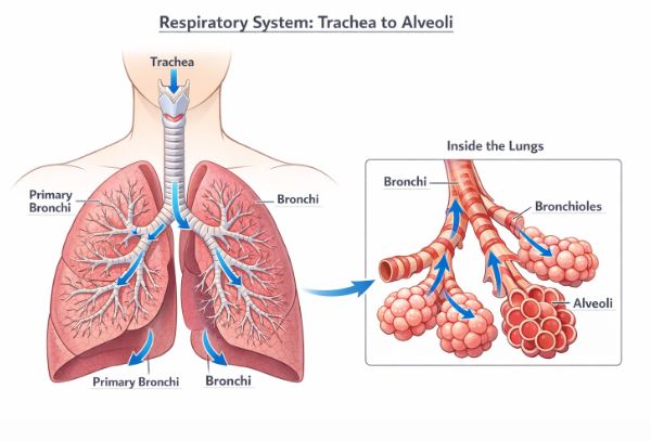 Diagram showing the human respiratory system pathway from trachea to alveoli