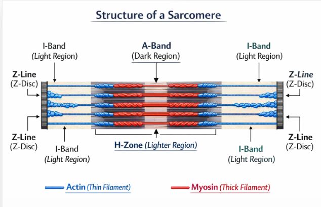 Detailed structure of a Sarcomere showing A-band, I-band, Z-line, and H-zone