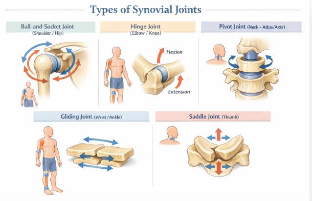 Illustration showing the five main types of Synovial Joints in the human body