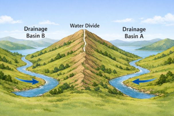 Illustration showing a Water Divide separating two stream basins